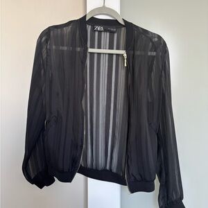 Zara Black Sheer Striped Bomber Jacket